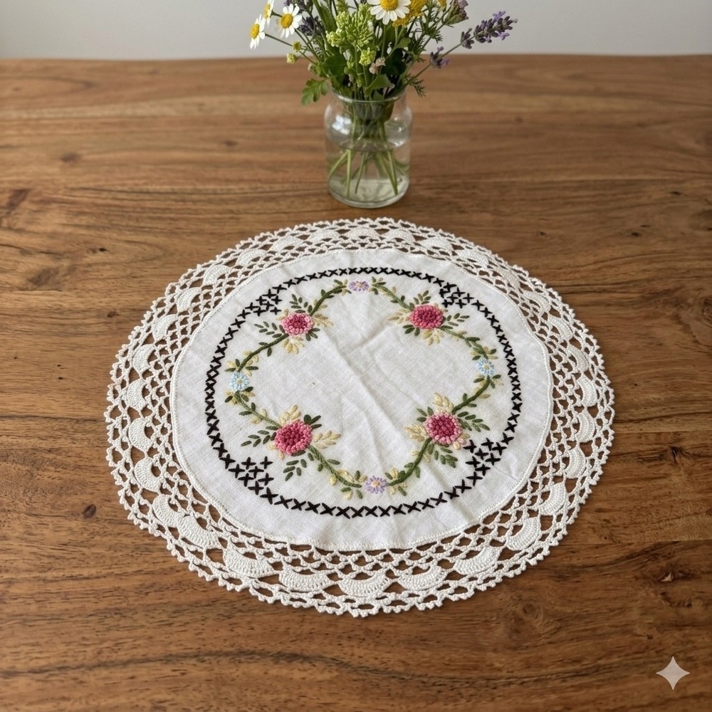 Vintage Hand Embroidered Floral Lace Doily Cottagecore Boho Artsy Retro Sz 11"
